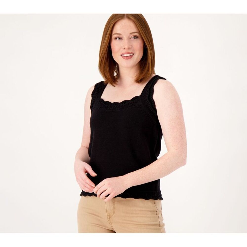Isaac Mizrahi Live! Women's Top Plus Sz 2X Crochet Trim Square Neck Black